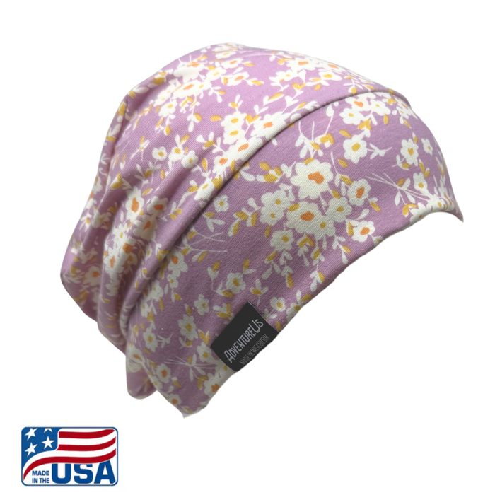AdventureUs slouchy knit hat in pink floral print, USA made