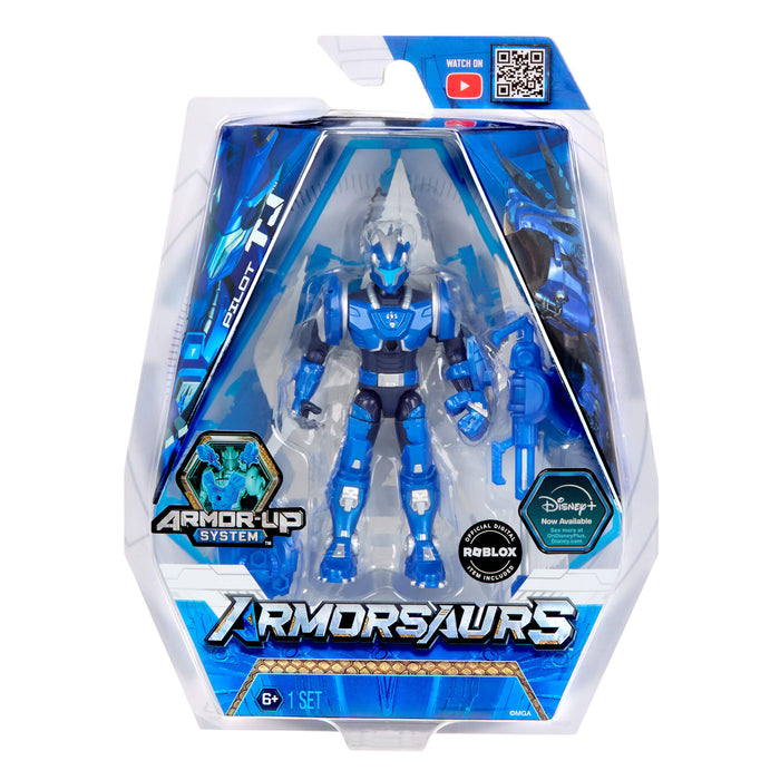 Blue toy figure in packaging with 'Armorsaurs' branding on a white background