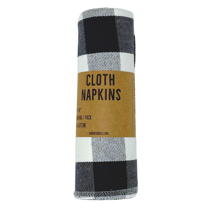 A set of four navy/blue and white gingham cloth napkins, made from 100% yarn-dyed flannel cotton, each measuring 14 by 14 inches.