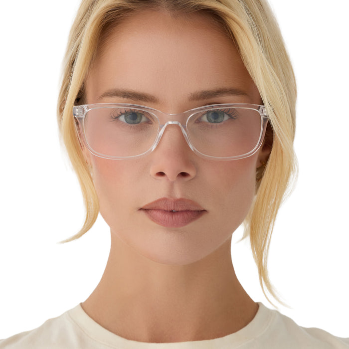 on model - blonde female wearing diff eyewear bradford square prescription glasses with a crystal clear acetate frame front view