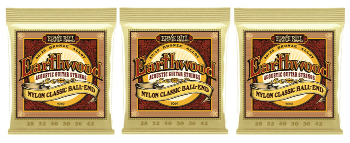 Ernie Ball 2069 Earthwood Folk Nylon Ball End Classical Guitar Strings 28-42 (3-Pack)
