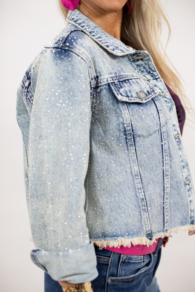 Find Your Sparkle Rhinestone Distressed Denim Jacket