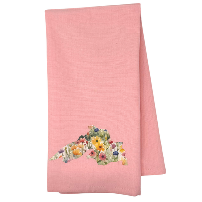 One 28" x 20" colored tea towel with design flowers in lake superior
Proudly designed and printed in Washburn, WI, USA
