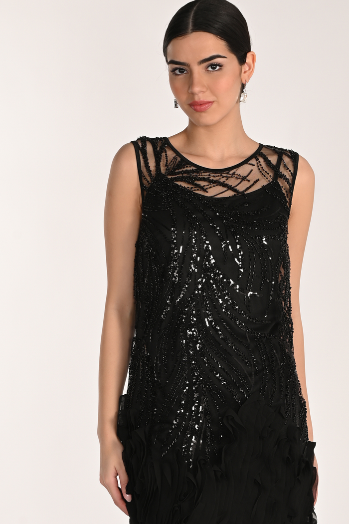 Frank Lyman 268502 black dress β sleeveless sequin bodice and textured skirt β Dotique