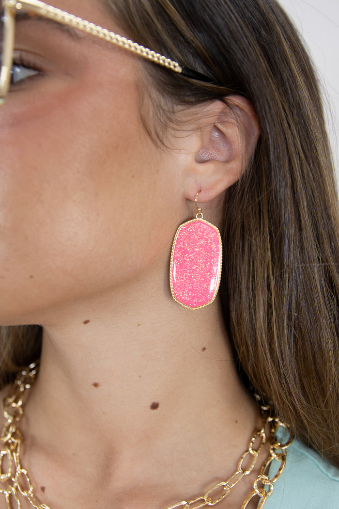 Fuchsia Glitter Hexagon Dangle Earrings