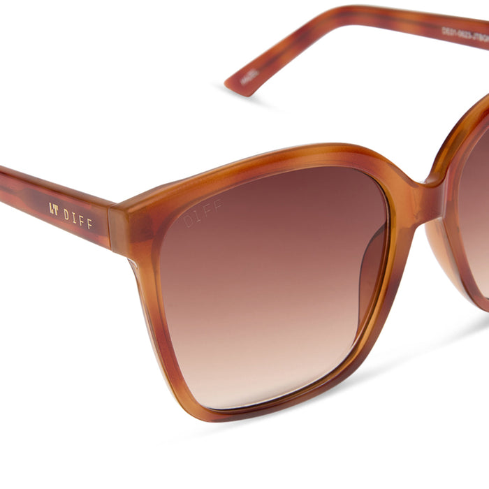 diff eyewear featuring the hazel square sunglasses with a maple tortoise frame and brown gradient lenses detailed view