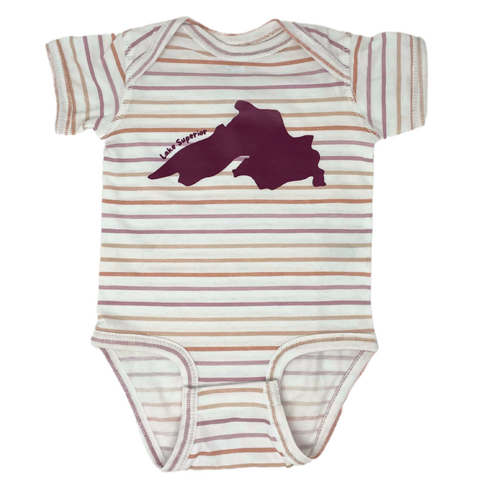This 100% cotton baby onesie has five shades of pink and purple stripes on a white background garment. It features a berry colored Lake Superior image.