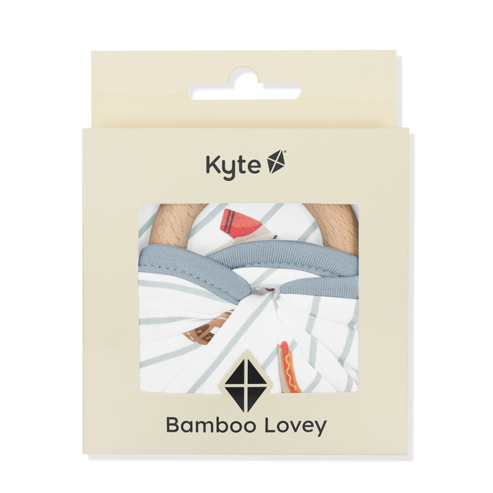 Lovey in Home Run with Removable Wooden Teething Ring shown in its box packaging