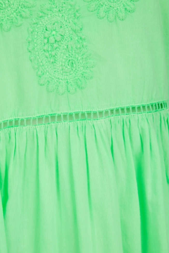 Pranella Sloane Neon Green embroidered cotton mini dress with balloon sleeves – Dotique