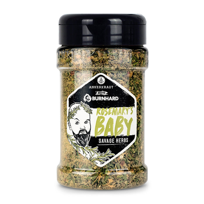 Ankerkraut Rosemaries Baby im Gewürzstreuer vor weißem Hintergrund.