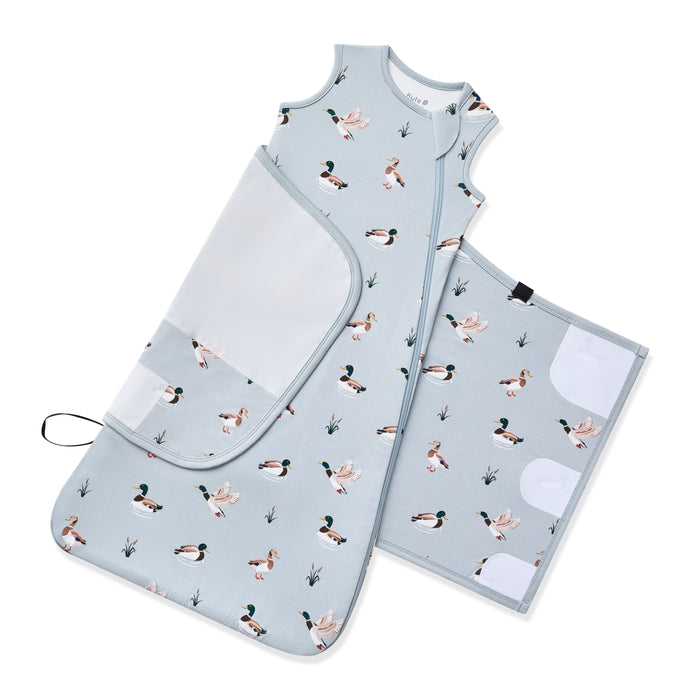 Adjustable velcro swaddle wrap shown on a Sleep Bag Swaddler in Mallard Duck 0.5