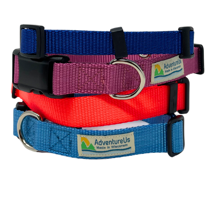 Small collar adjustable 11-17" made with 3/4" webbing Large collar adjustable 17-25" made with 1" webbing Can be used with Dogs or Cats Heavy Duty Webbing & Hardware USA MADE in Washburn, WI