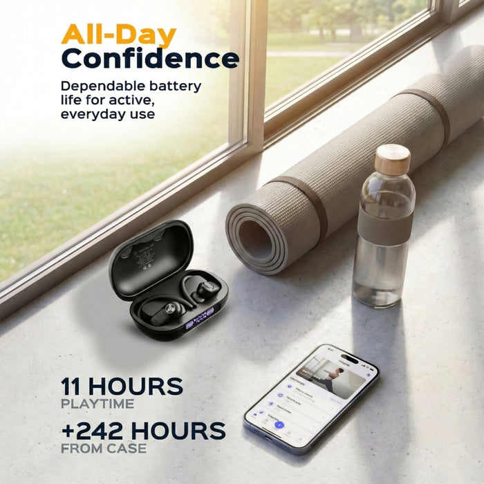 Wireless earbuds in case with phone, yoga mat, and water bottle on a surface near a window.