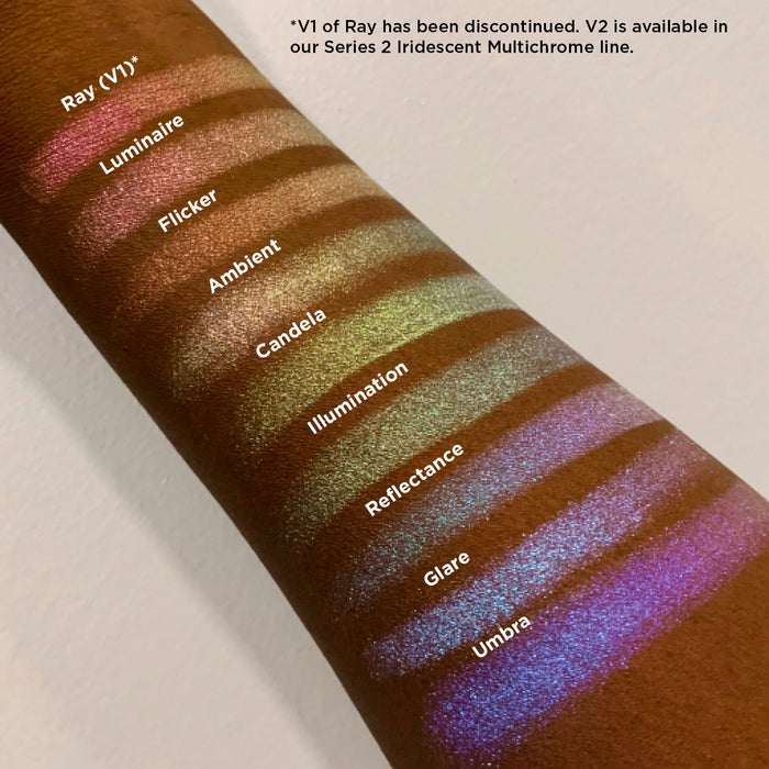 Left angled arm swatches on deep skin tone of Umbra Iridescent Multichrome Eyeshadow shifts compared to Ray, Luminaire, Ambient, Flicker, Candela, Illumination, Reflectance, Glare