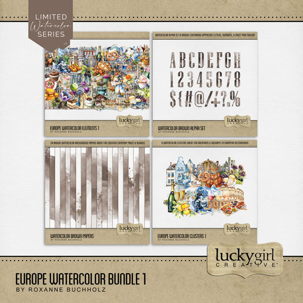 Add these beautiful watercolor embellishments, papers, clusters, and alpha set by Lucky Girl Creative digital art to all your digital scrapbooking pages to easily create memorable European pages and albums! Great for vacations and holidays to Europe including Austria, Belgium, Germany, France, Denmark, Greece, Italy, Netherlands, Holland, Portugal, Spain, Switzerland, England, Wales, Ireland, Scotland, United Kingdom, the British Isles, and more!