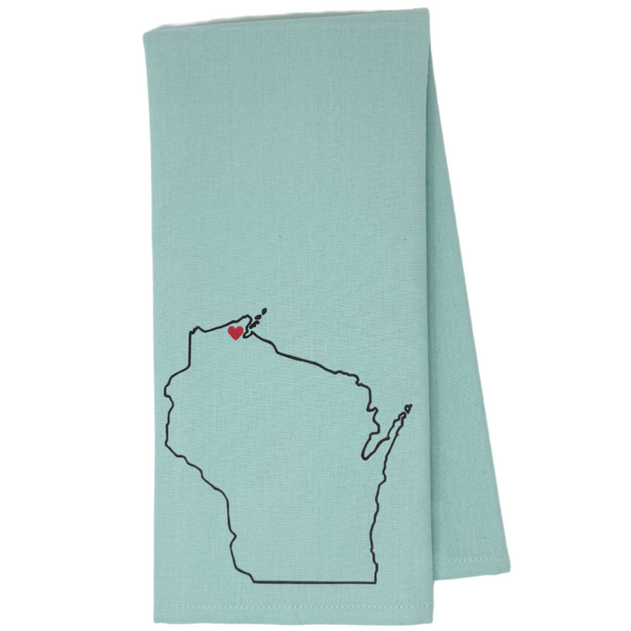 One 28" x 20" towel
design with a heart in state of Wisconsin
Proudly designed and printed in Washburn, WI, USA