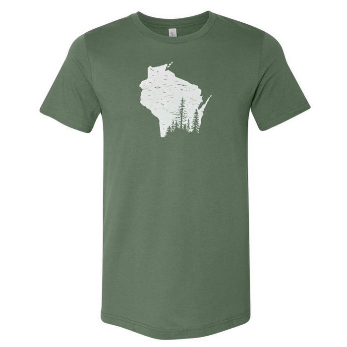 Northwoods T-Shirt featuring a scenic northern Wisconsin forest graphic inside State, made from 100% cotton, soft and flowy โ perfect for nature lovers and Wisconsin enthusiasts.