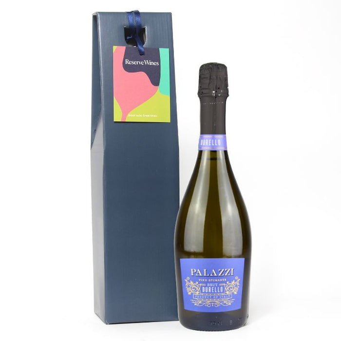 Bottle of Palazzi Sparkling wine with a gift box on a white background