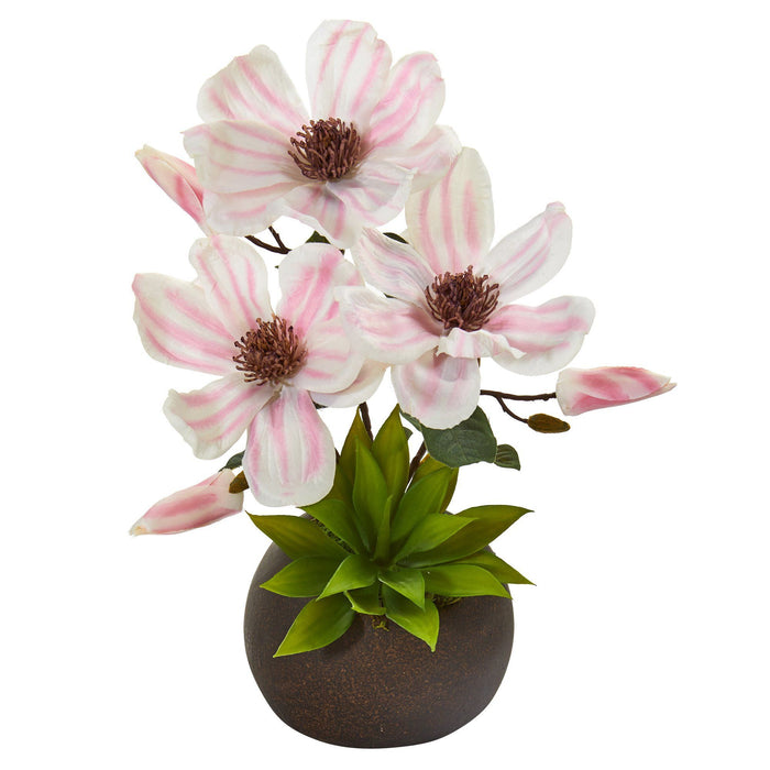15” Magnolia and Succulent Artificial Arrangement in Stone Vase