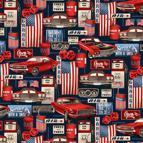 20" x 44" American Muscle Cars Fabric, Patriotic Garage Collage, Studio E