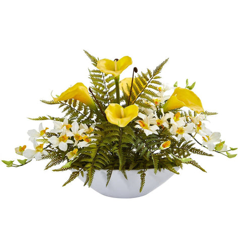 24” Calla Lilly, Dendrobium Orchid and Fern Artificial Arrangement in White Vase