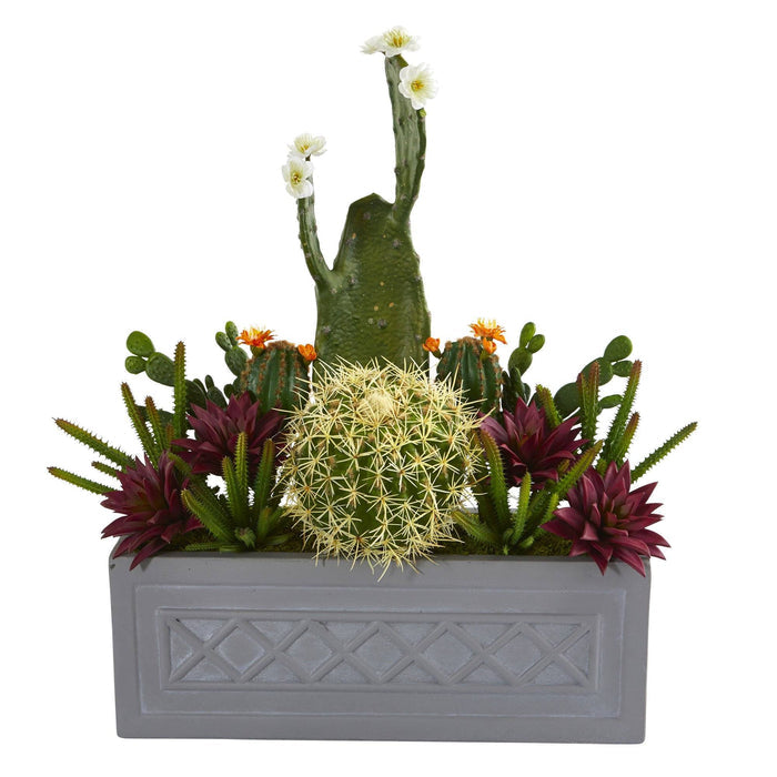 26” Mixed Cactus Succulent Artificial Plant in Stone Planter