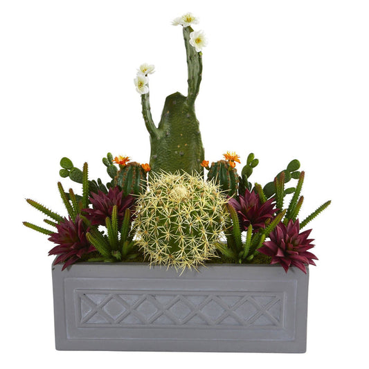 26” Mixed Cactus Succulent Artificial Plant in Stone Planter