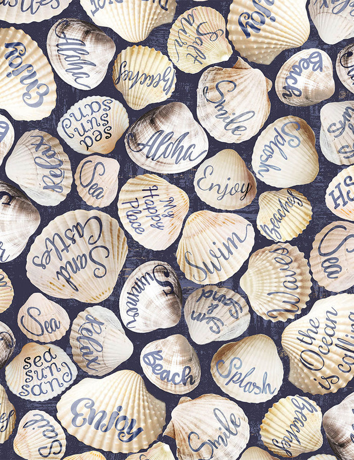 29" x 44" Welcome to the Beach Fabric by Timeless Treasures, Words on Seashells, Shells