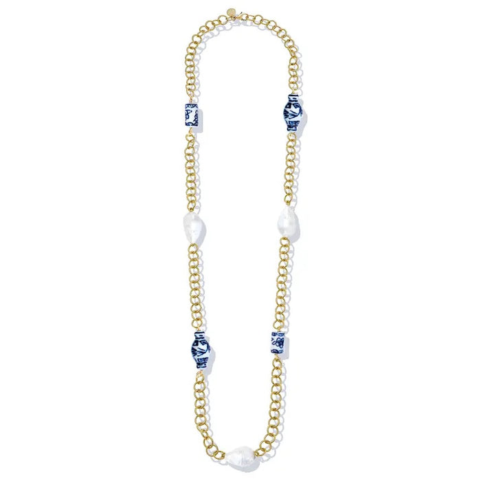 30" Porcelain & Baroque Pearl Gold Chain Necklace