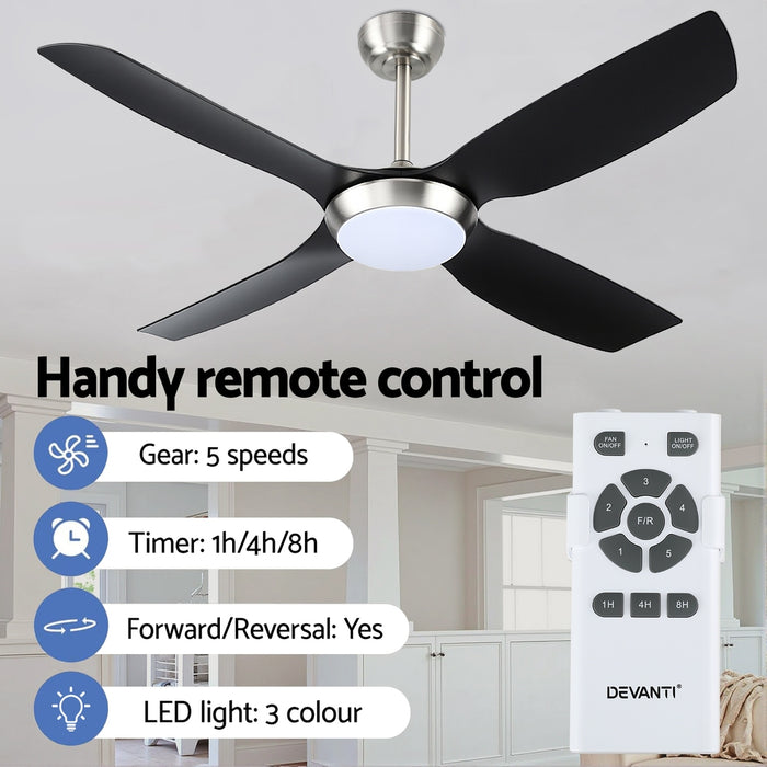 52 Inch Devanti Ceiling Fan DC Motor w/Light w/Remote - Black - Devanti