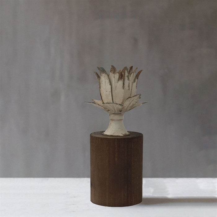 Adeen Candle Holder Metal Flower in Bloom with Wooden Base by Urban Style-#product_category#-Home Living Store