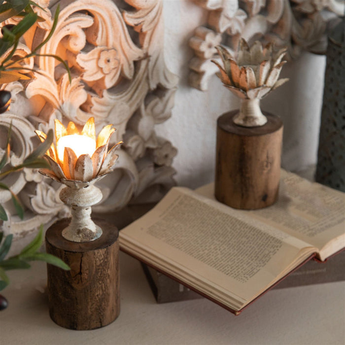 Adeen Candle Holder Metal Flower in Bloom with Wooden Base by Urban Style-#product_category#-Home Living Store