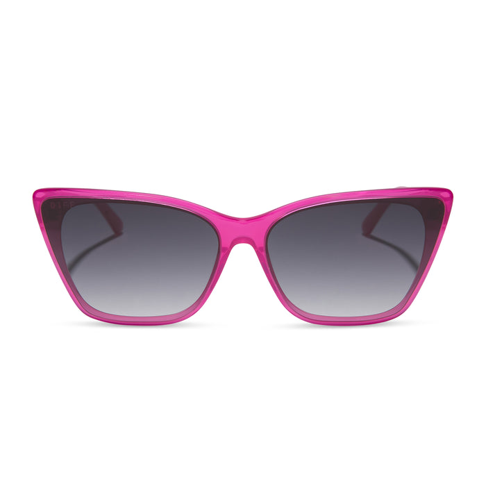 diff eyewear featuring the alina cat eye sunglasses with a bright pink tulip frame and grey gradient lenses front view