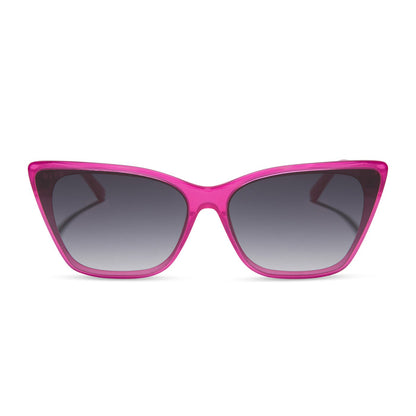 diff eyewear featuring the alina cat eye sunglasses with a bright pink tulip frame and grey gradient lenses front view