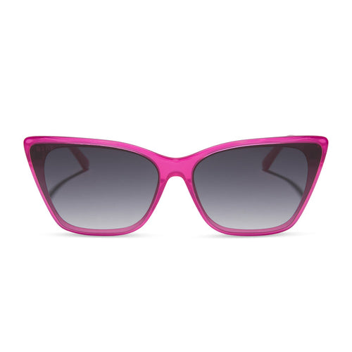 diff eyewear featuring the alina cat eye sunglasses with a bright pink tulip frame and grey gradient lenses front view