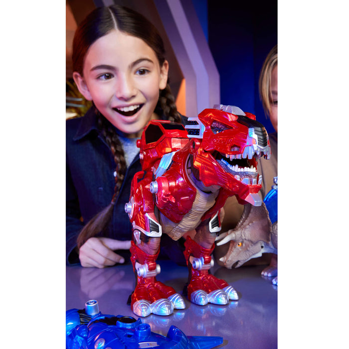 Child with a red and silver dinosaur toy on a reflective surface