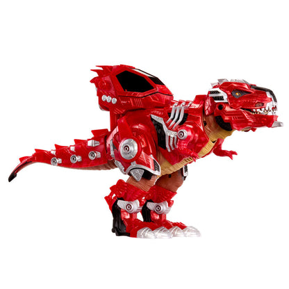 Red toy dinosaur with metallic accents on a white background