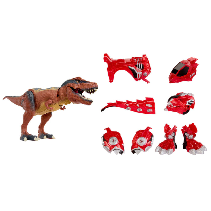 Toy dinosaur with red transformation parts on a white background