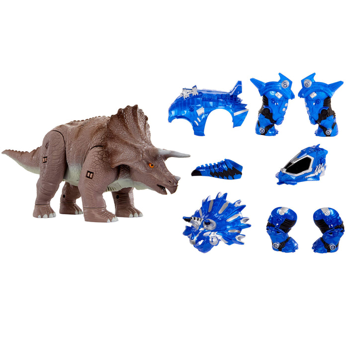 Toy dinosaur figure with blue interchangeable parts on a white background