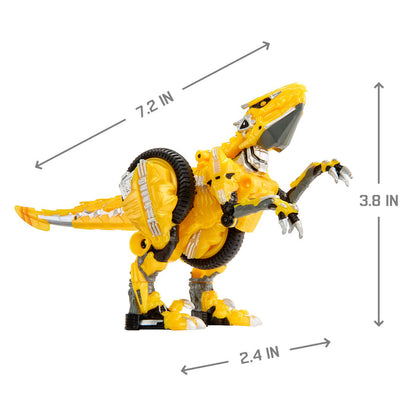 Yellow dinosaur toy with measurements indicated on a white background