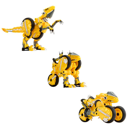 Yellow transforming toy in three different forms on a white background