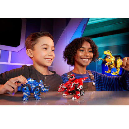 Two children playing with toy dinosaurs in a futuristic setting