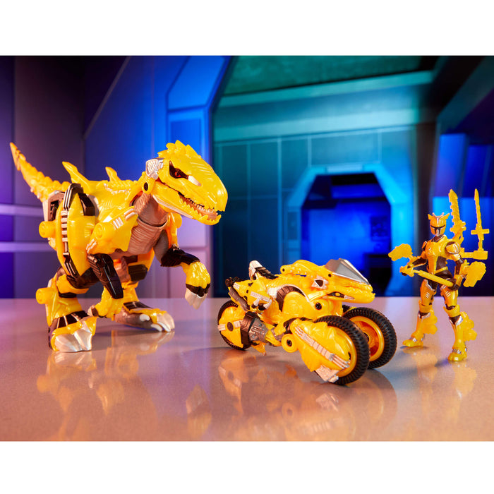 Three yellow toy figures in different forms on a reflective surface with a futuristic background.