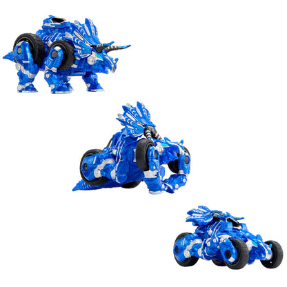 Transforming blue toy creature in three different forms on a white background