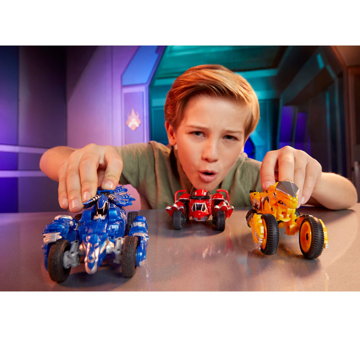 Child playing with toy cars in a futuristic setting