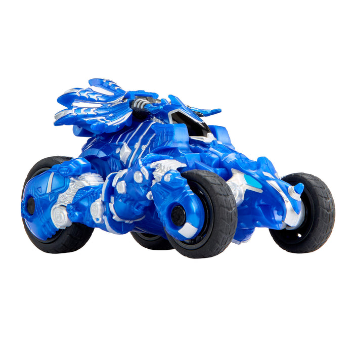 Blue toy vehicle with white accents on a white background