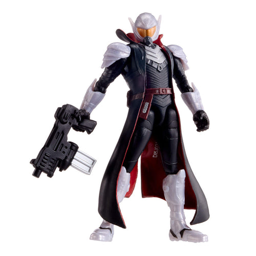 Action figure with a black and red outfit holding a weapon on a white background
