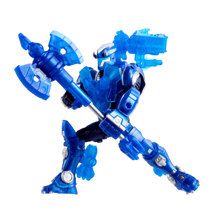 Blue action figure toy with a sword on a white background