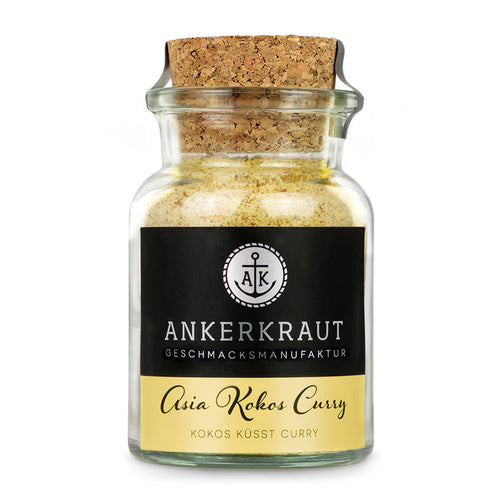 Kokos Curry Gewürz von Ankerkraut im Korkenglas auf weißem Hintergrund.