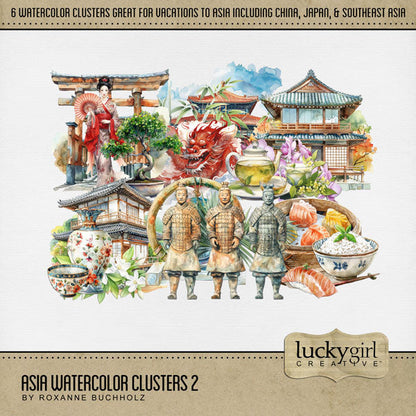 Add these beautiful watercolor clusters by Lucky Girl Creative digital art to all your digital scrapbooking pages to easily create memorable Asian pages and albums! Great for vacations to Asia, Japan, China, Thailand, Indonesia, Korea, Southeast Asia, and other Asian destinations. Embellishments include tea, terracotta soldier, pagoda, gate, geisha, bonsai tree, vase, dragon, dim sum, rice, and sushi.